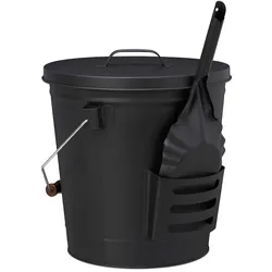 Relaxdays Ascheeimer mit Deckel und Schaufel, Stahl, Kohleeimer mit Henkel, 19 L, Ascheschaufel Kamin & Grill, schwarz