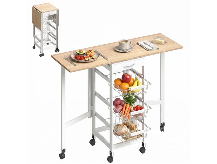 Chariot auxiliaire pliable Homcom, chariot de cuisine avec 6 roues, 1 tiroir et 3 paniers métalliques, 97,2 x 37 x 77,5 cm, blanc et chêne