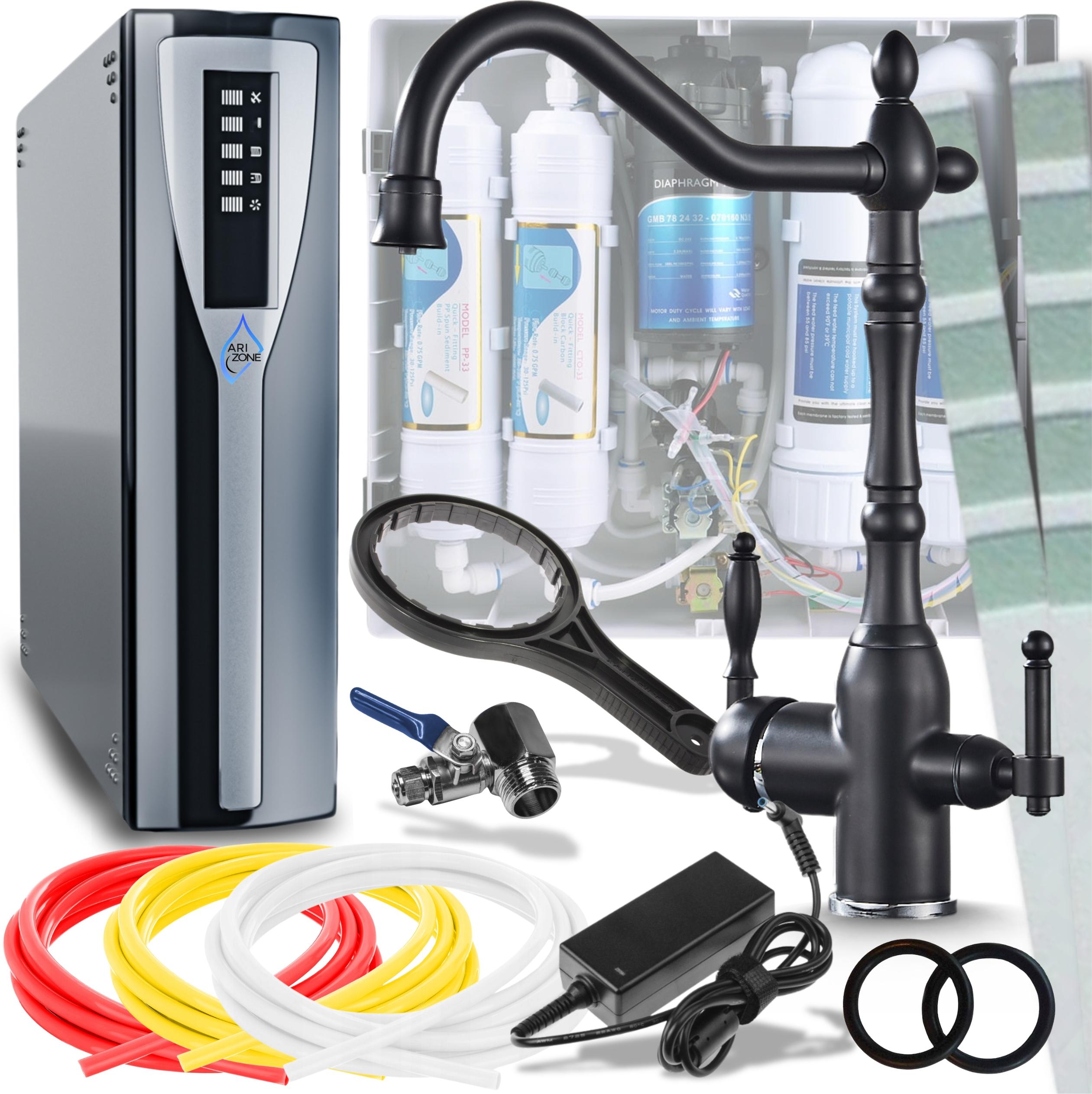 Ari Retro 2 3-Wege Küchenarmatur Schwarz Matt 360° mit RO Pad Umkehrosmose Wasserfilter Untertisch Nanofiltration