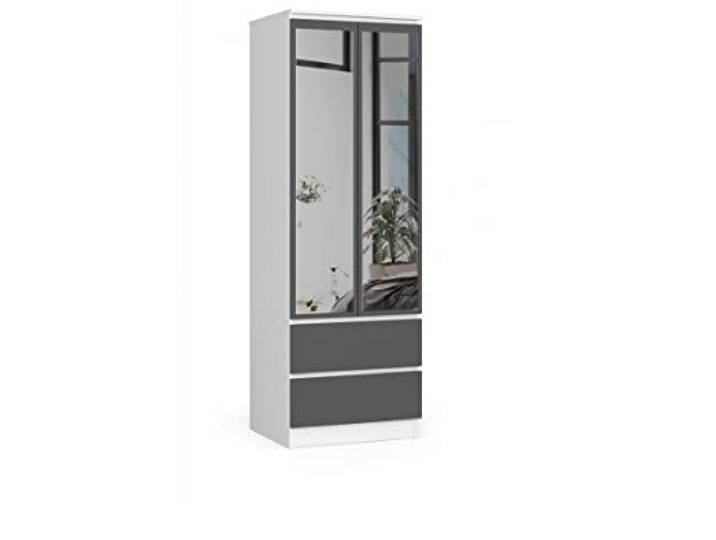 BDW Kleiderschrank mit Spiegel 2 Türen 2 Schubladen für Schlafzimmer Wohnzimmer Diele 180x60x51 (Weiß-Grau)