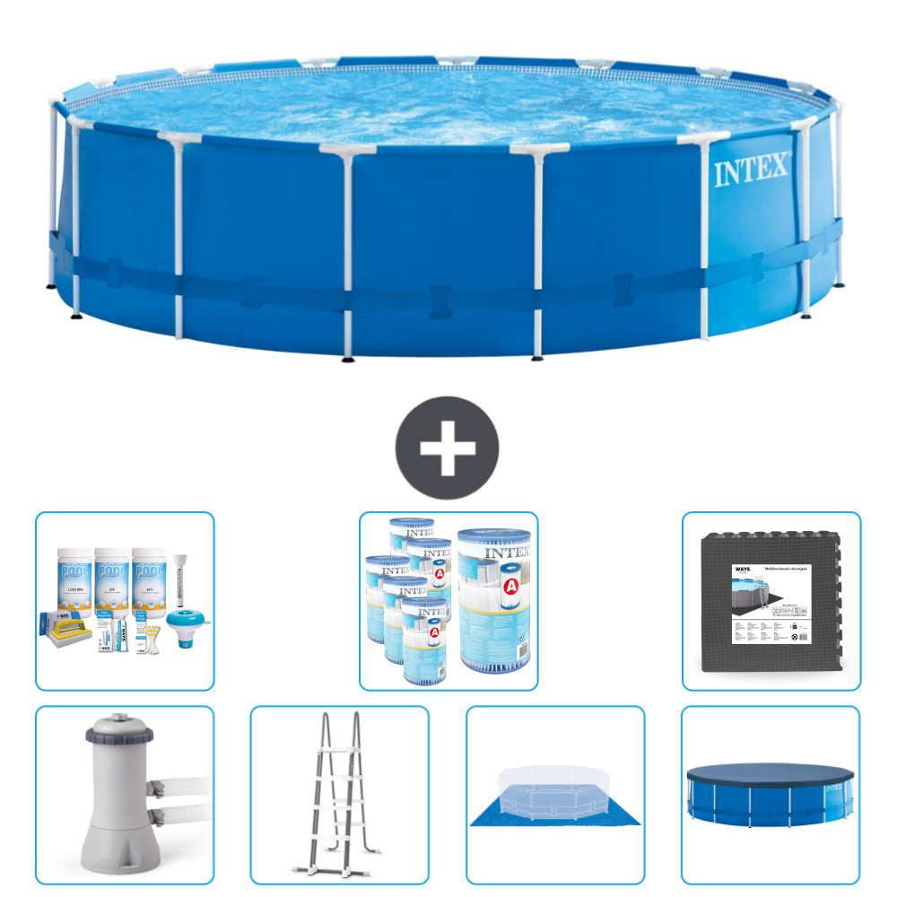 Intex Rundrahmen-Schwimmbecken - 457 x 122 cm - Blau - inklusive Pumpe - Leiter - Bodenplane - Abdeckung Wartungspaket - Filter - Bodenfliesen