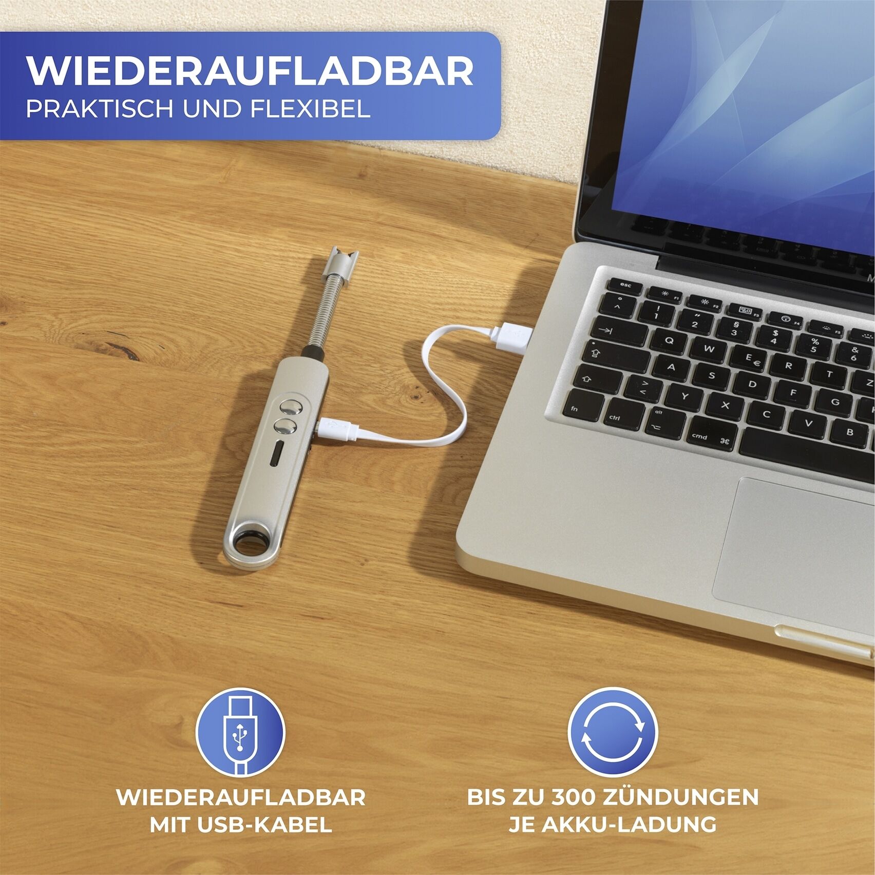 Stabanzünder MAXIMEX "LED Lichtbogen-Feuerzeug", silber (silberfarben), B:2,5cm H:22,5cm L:1,5cm, Kunststoff, Feuerzeuge, Stabanzünder, mit elektrischem Anzünder, ohne Gas, Flammen und Nachfüllen