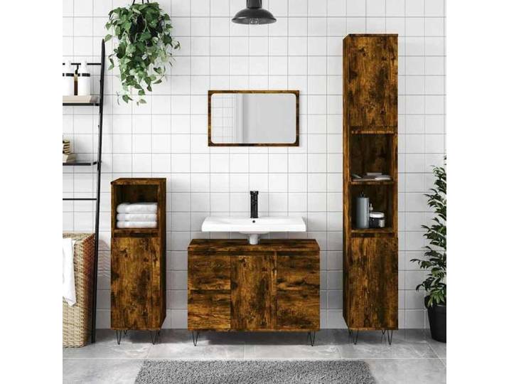 SALE 2026 Armoire salle de bain industrielle - moderne-design - bois d'ingénierie - chêne fumé - résistante à l'humidité - 80x33x60