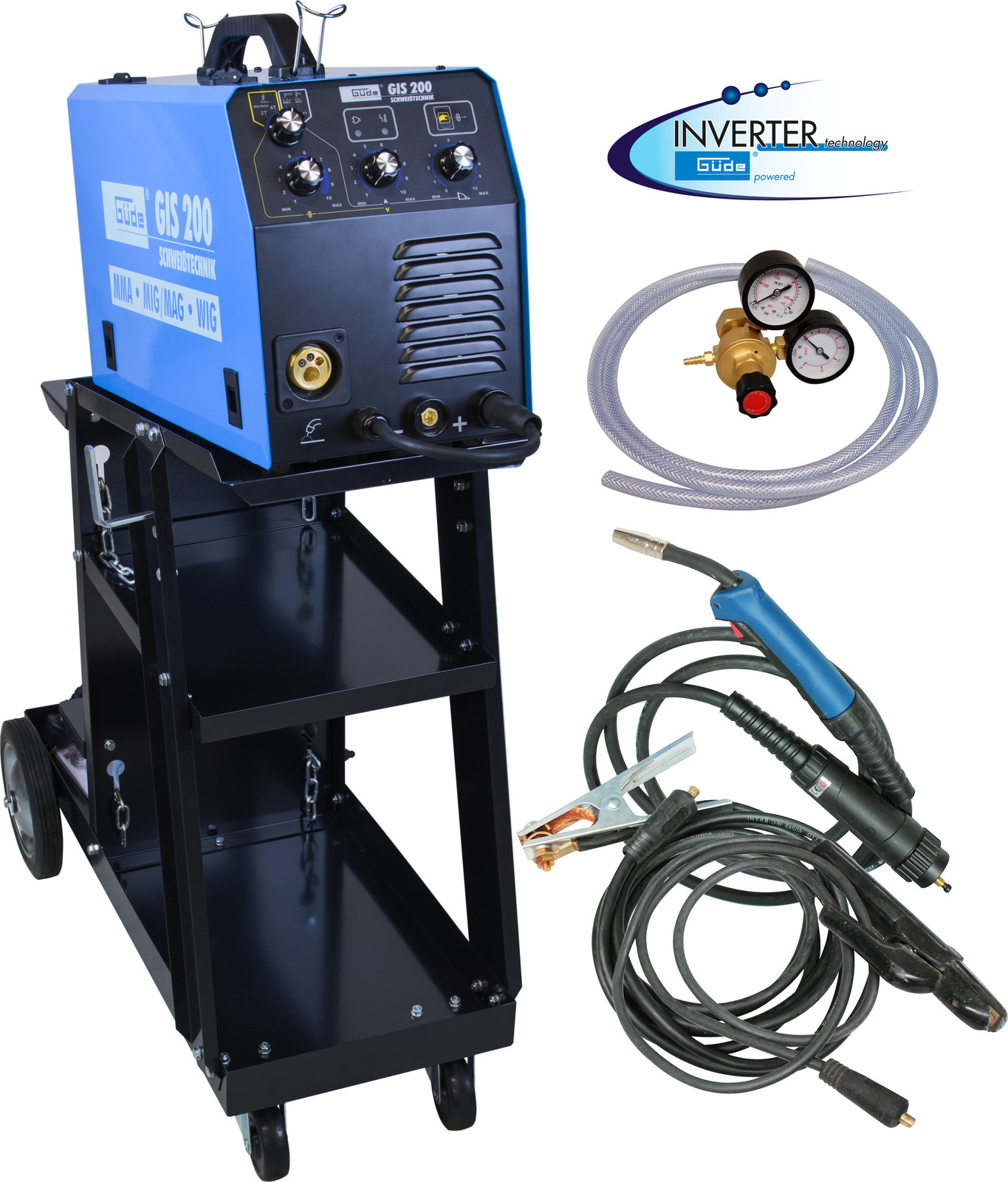 Güde GIS 200 lasapparaat voor fluxdraadlassen (FCAW), MIG-lassen (GMAW) en TIG-lassen (GTAW), 5 kVA, IP21, 34,4 kg