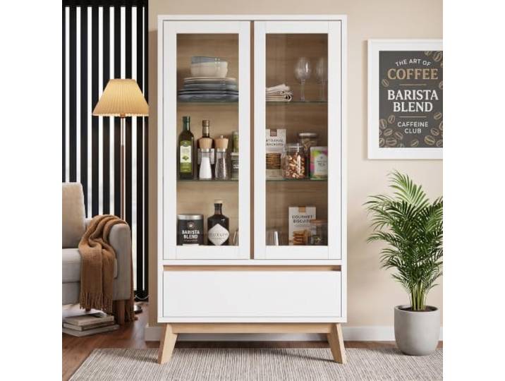 Crlnaup Küchenschränke, Vorratsschränke, Sideboards, geeignet für kleine Räume im ESS- oder Wohnzimmer, mit verstellbaren Einlegeböden, weiß + holzfarben
