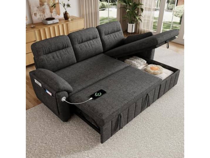 BTM L Form Ecksofa mit Schlaffunktion, Ausziehbare Bett & Stauraum Grau Wohnzimmer Schlafsofa, mit USB/Type‑C