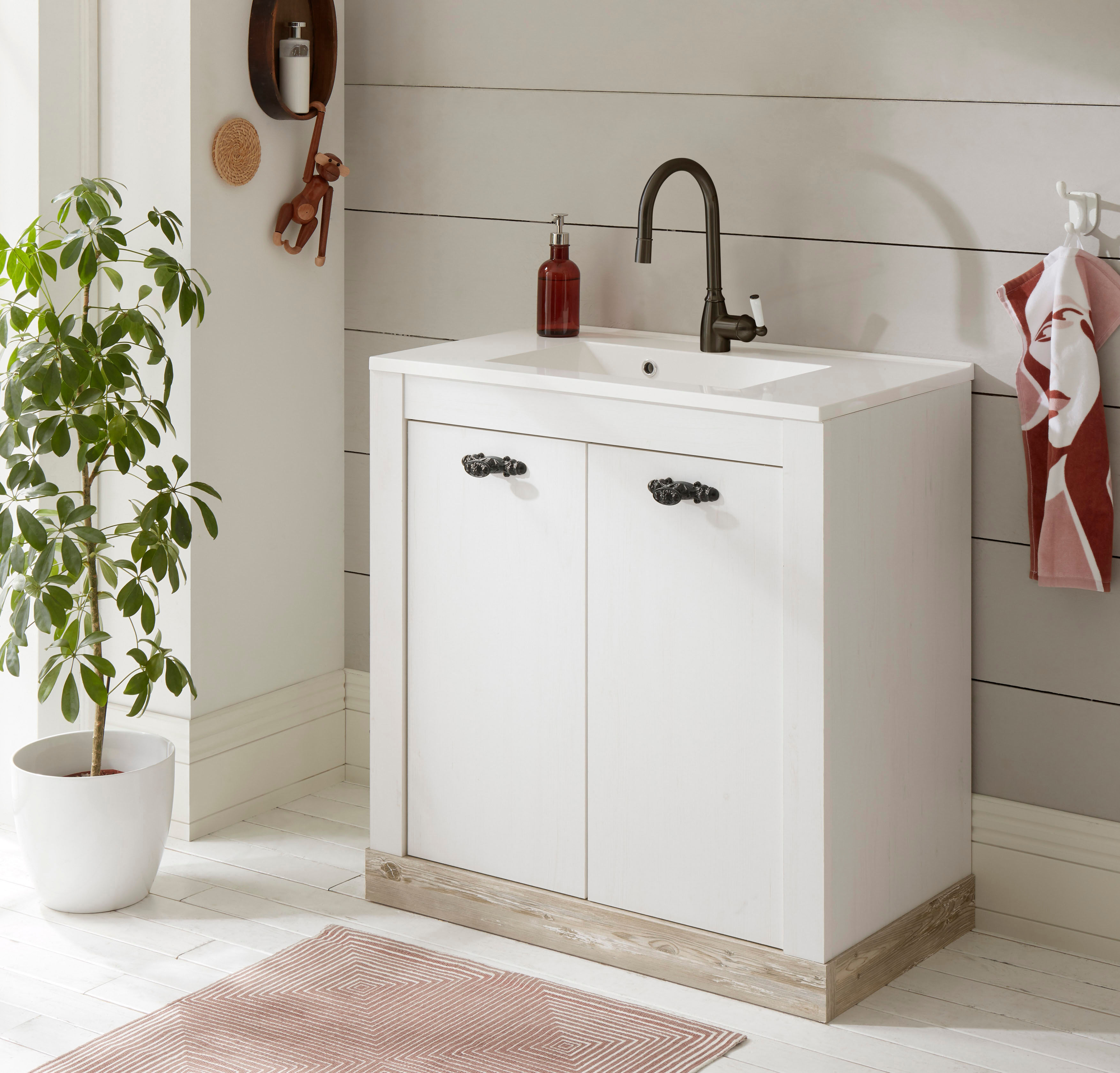 Waschtisch HOME AFFAIRE "Florenz, Waschbeckenunterschrank inkl. Waschbecken, Metallgriffe", weiss (pinie weiß dekor, pinie weiß dekor), B:81cm T:47cm, Waschtische, Waschtisch, in Pinie Weiss, stehend, Breite 82 cm, inkl. Mineralgussbecken pinie weiß dekor