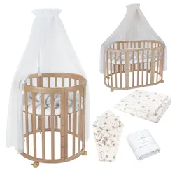 BABYBETT NATUR OVAL 7in1 mit Matratze und Himmelset