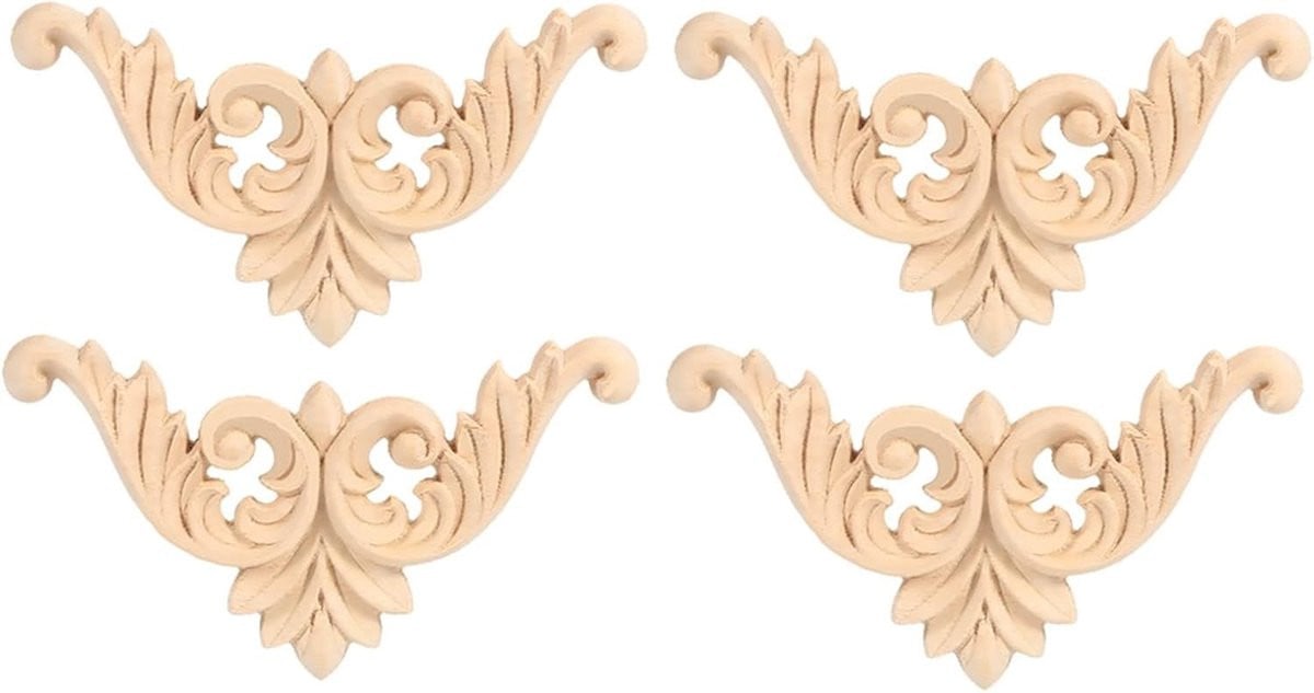 Set van 4 ongeverfde hoekapplicaties van gesneden rubberhout met bloemenmotief voor meubels en decoratie
