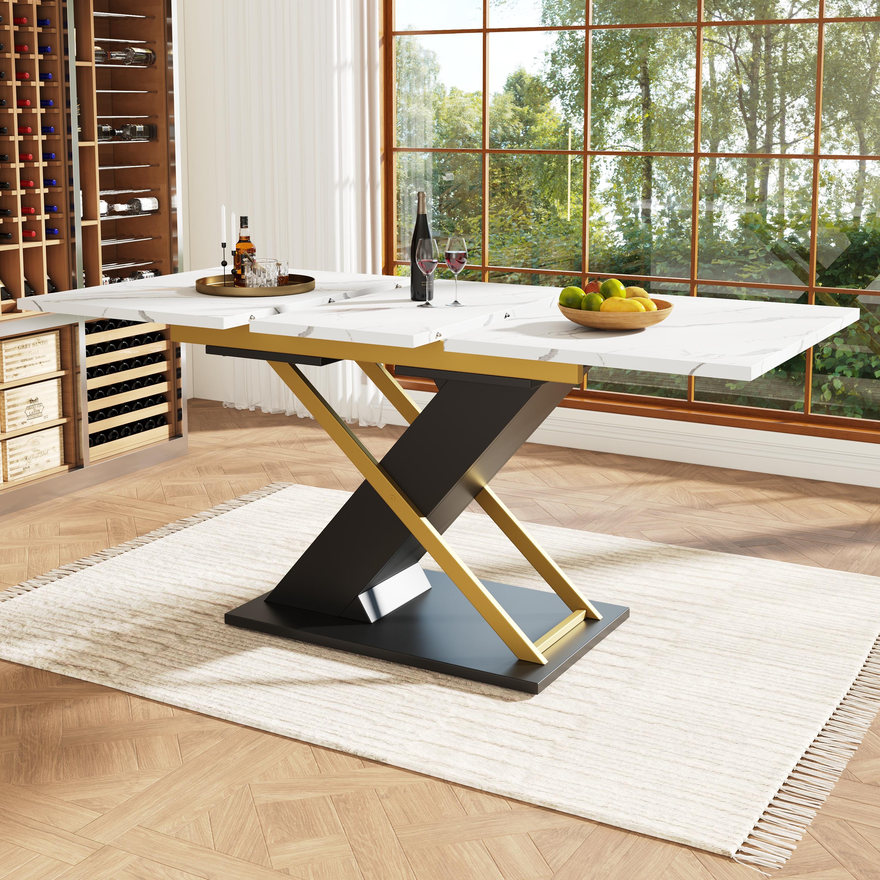Fortuna Lai Esstisch Ausziehtisch (120-160×80cm), Küchen-Wohnzimmertisch, Ausziehtisch, mit Hilfe von innenliegender Einlegeplatte auf 160cm ausziehbar, Esstisch mit goldenen Kreuzbeinen