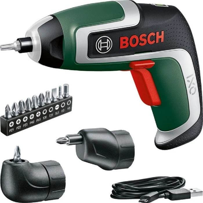 BOSCH Akku-Schrauber IXO 7, Bitsatz, Winkel- und Exzenteraufsatz 0.603.9E0.021 (1 × 2 Ah)