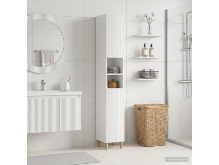 Badezimmerschrank mit offenem Regal ARNHEM Hochglanz Weiß Holzwerkstoff Offene Ablage, umkehrbare Tür, feuchtigkeitsbeständig, modernes Design, einfache Reinigung