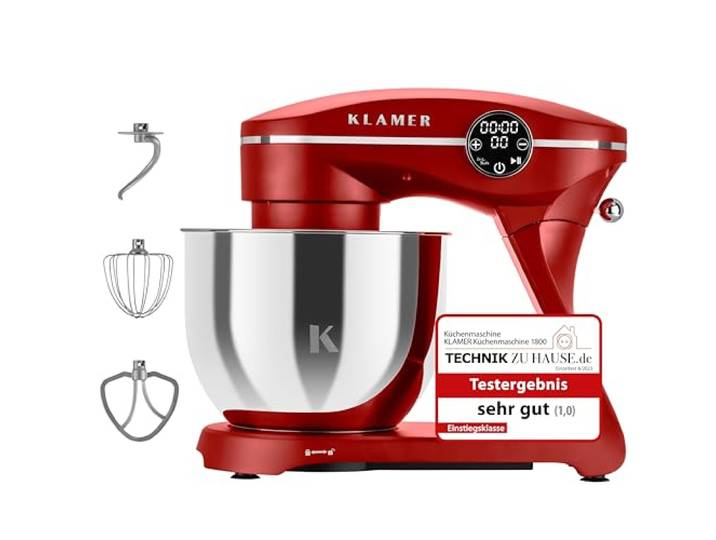 KLAMER Küchenmaschine 1800W, Knetmaschine Brotteig mit 6L Edelstahlschüssel 10 Geschwindigkeiten und Timer, Planetenrührwerk, Knethaken, Flachrührer und Schneebesen, transparenter Sichtdeckel