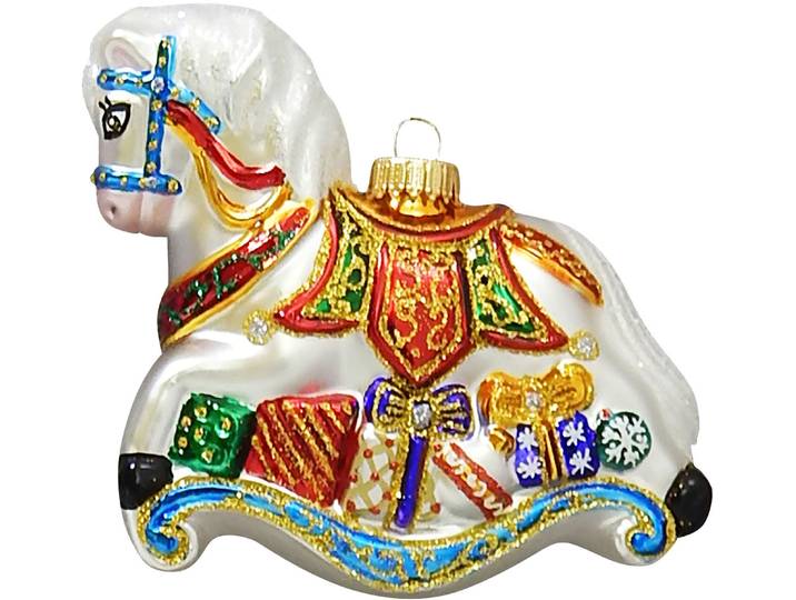 Christbaumschmuck KREBS GLAS LAUSCHA CBK80716, Weihnachtsdeko, Christbaumschmuck , bunt, Glas, Weihnachtsbaumschmuck, Christbaumschmuck, Schaukelpferd mit Geschenken