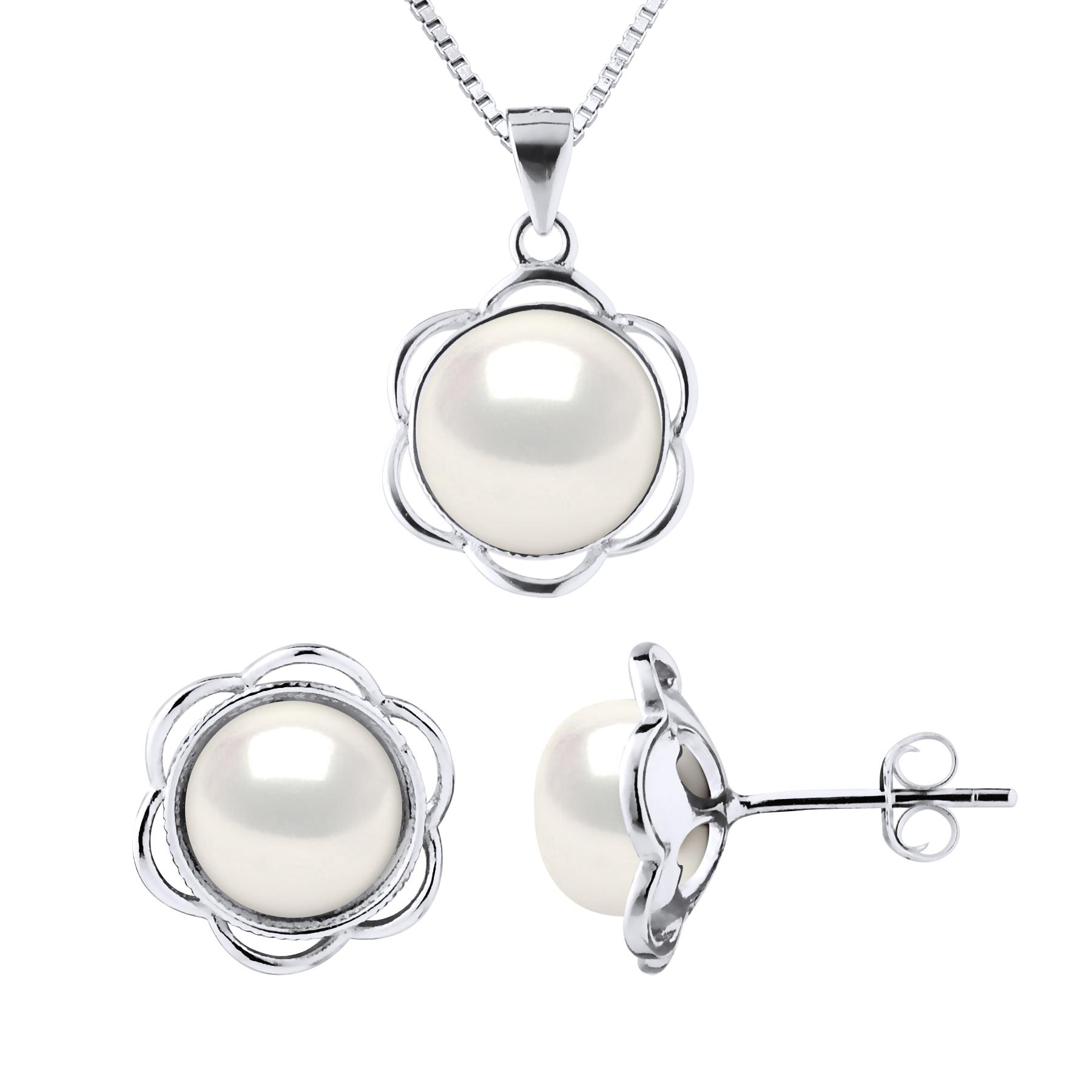 Versiering ketting en oorbellen PETAL zoetwaterparels 8-9mm White 925