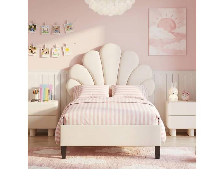 Lit enfant 90x200 cm Lit princesse fille 90x200 cm avec tête de lit florale Lit simple enfant pour fille Velours Beige