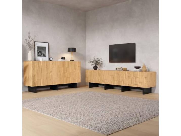 Crlnaup EIN Wohnzimmer-Sideboard (140x40x70cm) + EIN viertüriger TV-Schrank (180x38.5x45cm) in Naturholzfarbe mit schwarzen Akzenten, geeignet für einen 75-Zoll-Fernseher