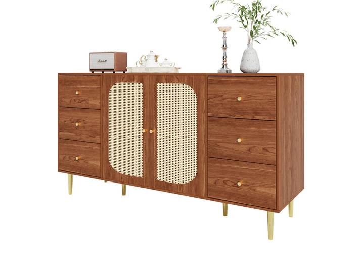Modfu Kommode aus MDF 160x40x90cm in Naturfarben mit Rattantüren, 160x90x40 cm, Kleinmöbel, Kommoden, Kommoden