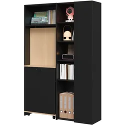 MODFU Klappbarer Schreibtisch aus MDF in Schwarz/Eiche mit Regal, Steckdose und USB-Anschlüssen