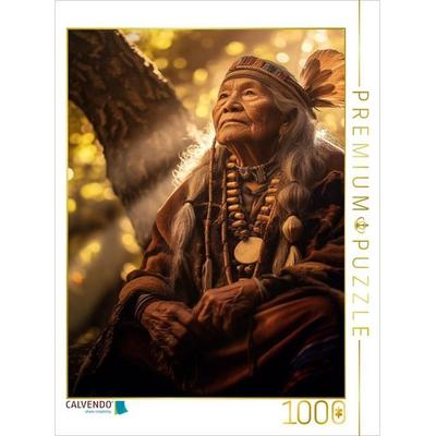 CALVENDO Puzzle Sonnenstrahlen der Weisheit: Ein alter Häuptling im Waldlicht | 1000 Teile Lege-Größe 64x48cm Foto-Puzzle für glückliche Stunden