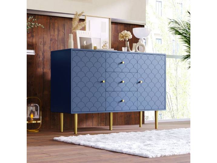 Commode - Sideboard - 2 portes - 3 tiroirs - Étagère réglable - Bleu marine