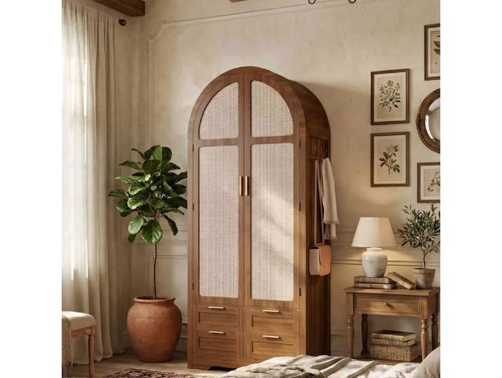 Armoire 80x50x179cm - Portes Arquées en Rotin - 4 Tiroirs - Tringle Inclus - Style Vintage - Couleur Noyer