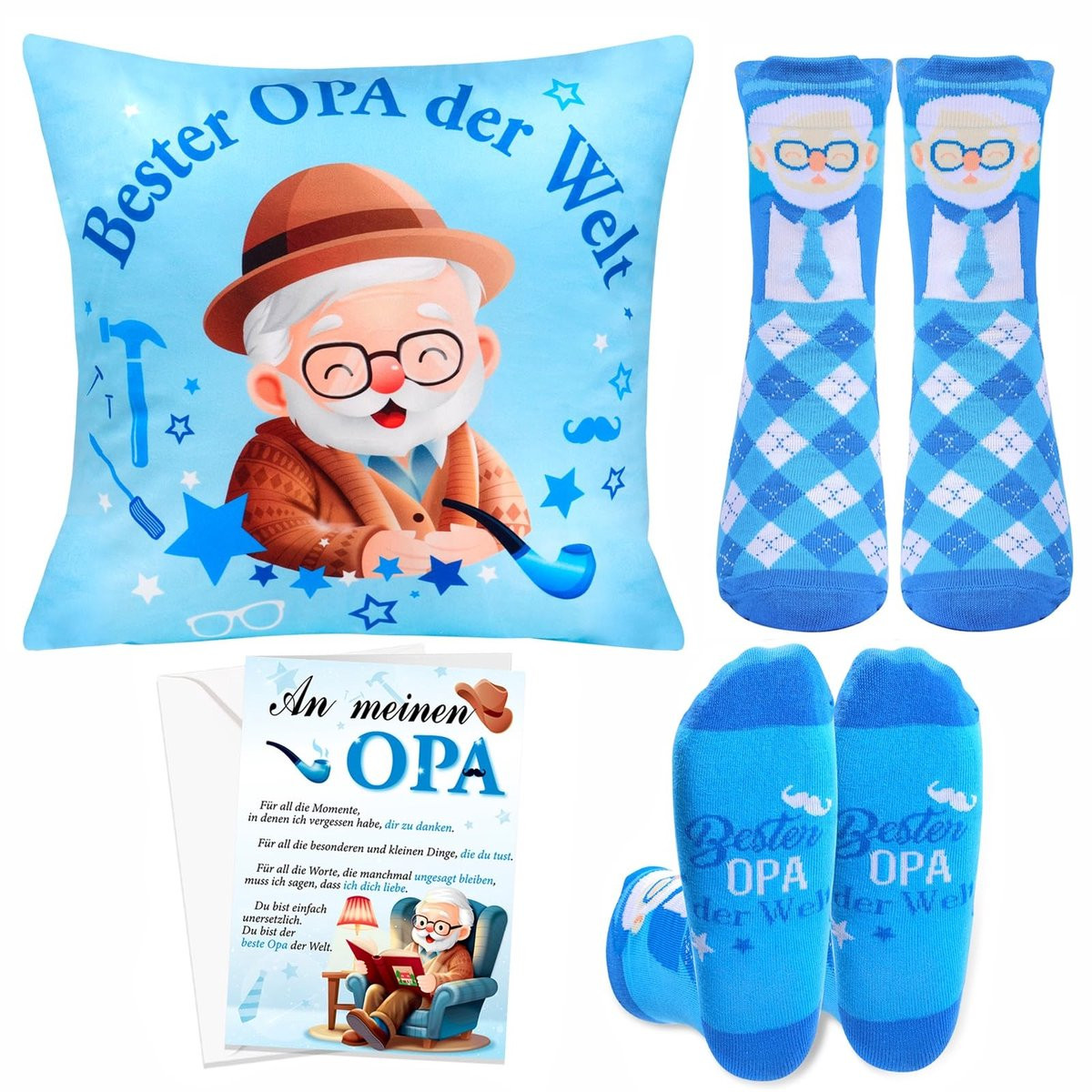 Dailygoods Opa Cadeauset 3-delig met Kussensloop, Sokken en Wenskaart in Katoen en Papier