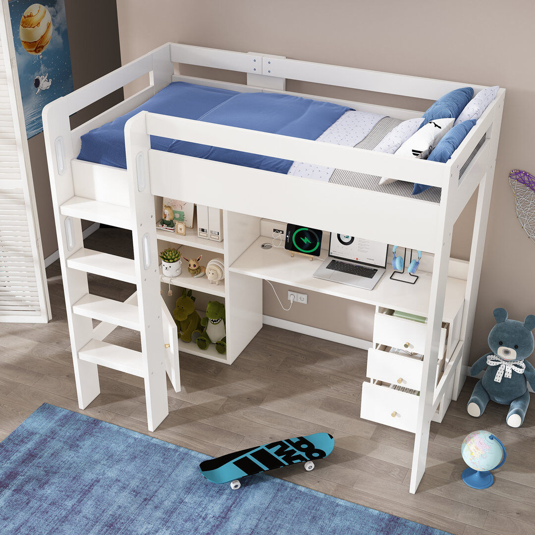 Brayden Studio Single (3') High Sleepers Bed Frame with Storage Included with Built-in Ladder Included with Desk Included White