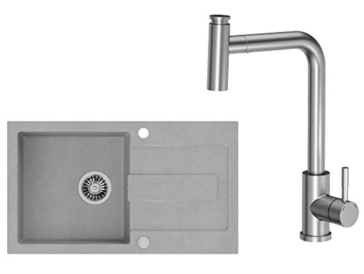 VBChome Spülbecken Grau mit Armatur 78 x 45 cm Granit Einzelbecken Einbauspüle Gesprenkelt Reversibel Modern Verbundspüle + Siphon Waschbecken Armaturen mit schwenkbarem und ausziehbarem Auslauf