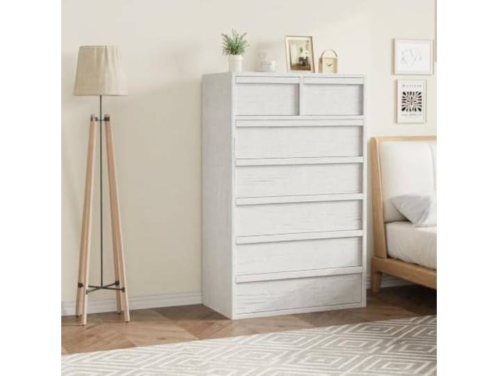 GarveeMore Kommode 7 Schubladen mit Holzgriffen, Antikweiß, 137 cm 7 Schubladen (3+2+2) 137 cm Breite Elegante Antikweiß-Optik Holzgriffe Viel Stauraum Für Schlafzimmer Und Diele