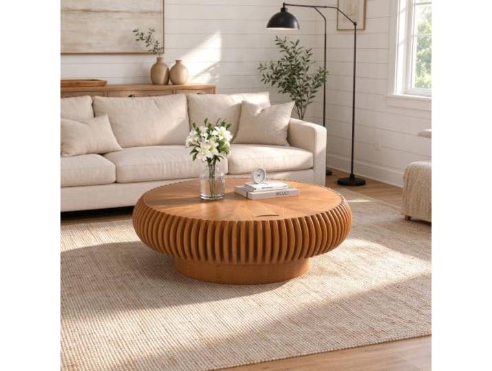 Runder Geriffelter Couchtisch Verstecktem Stauraum Für Das Wohnzimmer Geriffelter Couchtisch Aus Massivholz Im Mid-Century-Modern-Stil (Trommelform) Für Wohnung Und Büro