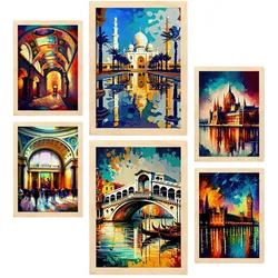 POSTER Set Mit 6 Fluss Im Ölgemälde Stil A3 & A4 Rahmen Aus Hellem Holz