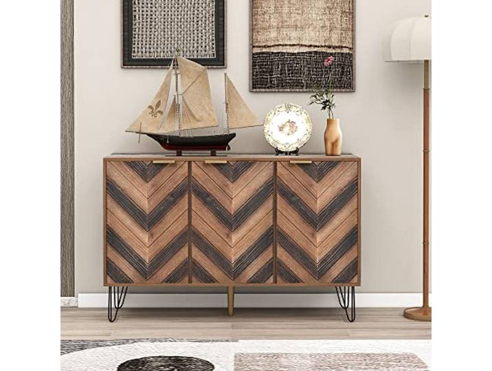 ModernLuxe Sideboard mit DREI Türen, Exklusiven Details und Großzügigem Stauraum – Massivholzfurnier, Konkave und Konvexe Haptik, Goldene Akzente
