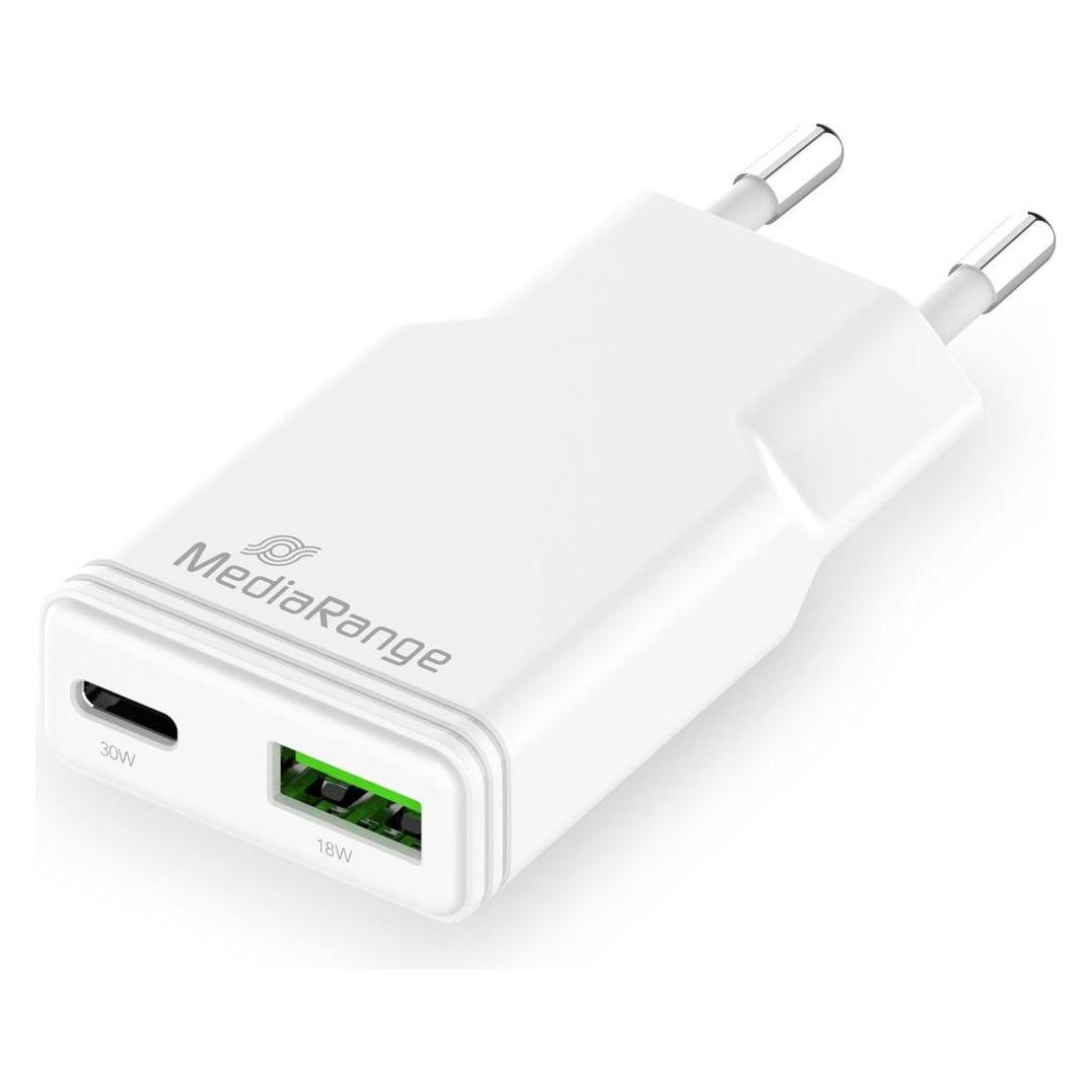 MediaRange Ladegerät 30W 2-Port 1x USB-A/1x USB-C GaN, weiss (30 W, 2 Ports) (MRMA125)