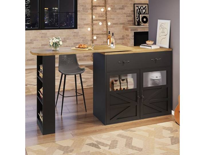 Table de bar extensible avec rangement table de bar mobile moderne table de bistrot avec étagères îlot de cuisine 138-204x39x104