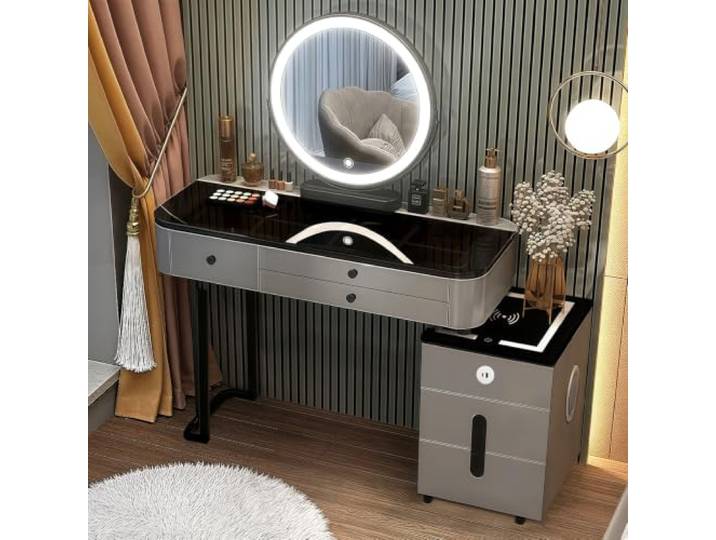 Schminktisch mit Spiegel - Schminkspiegel mit 3 Farben, 5 Schubladen, Stuhl 100cm Schminktisch Organizer mit 40cm Verschiebbarer Schrank, Schnelle Montage, Moderner Kosmetiktisch für Schlafzimmer, Grau