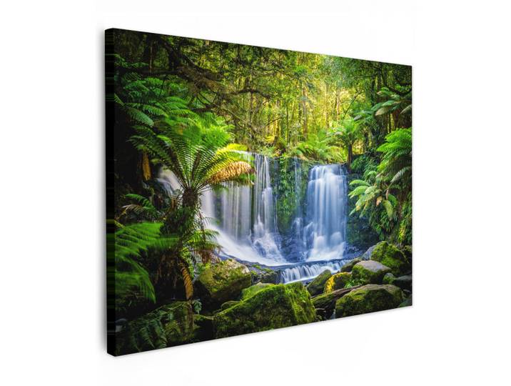 MuchoWow Leinwandbild - Dschungel - Wasserfall - Australien - Pflanzen - Natur - 80x60 - Malerei, Dunkelgrün, Textil, Kiefer, Abstrakt, Rechteckig, 80x60 cm, gerahmt, Bilder & Rahmen, Bilder, Wandbilder