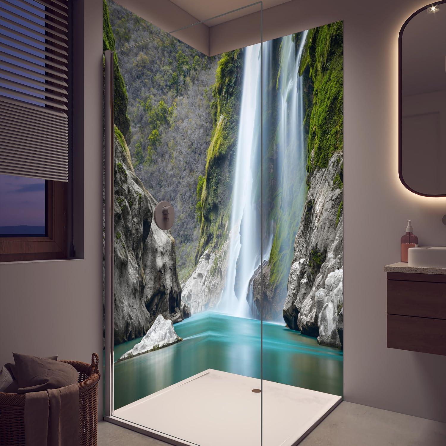 Duschrückwand - Wandverkleidung für Dusche aus ALU Glanz 0,3 cm - 100 x 250 cm - Wasserfall am Fluss Tampaon
