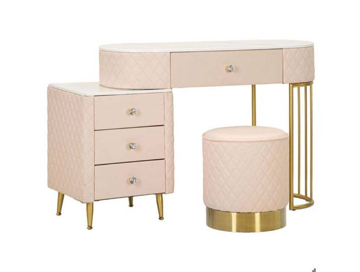 Coiffeuse effet matelassé avec tabouret Sharon rose et doré