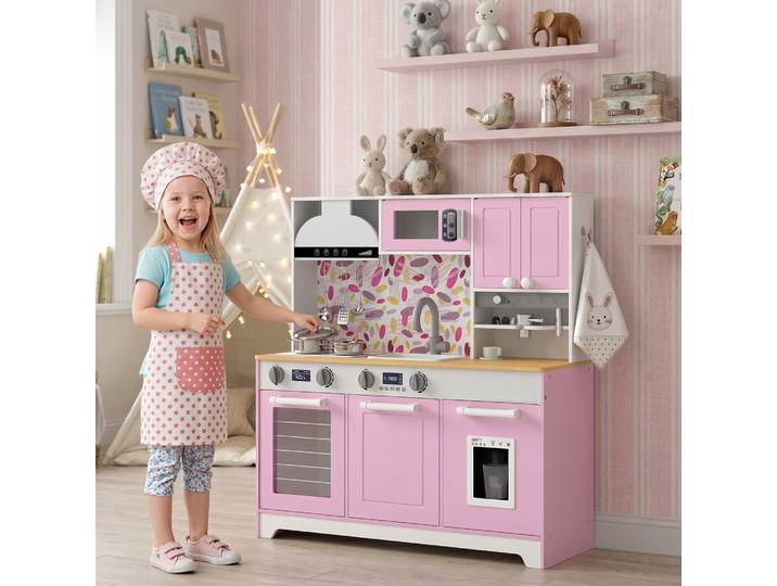 AIYAPLAY Cuisine Jouet Bois Rose avec Accessoires Inox Cafetière