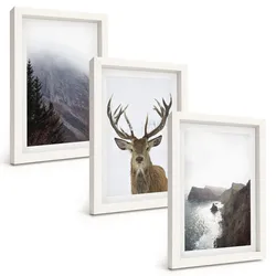BILDER SET 3er Set - 20x30 cm Weißer Rahmen - Berglandschaft mit Hirschen