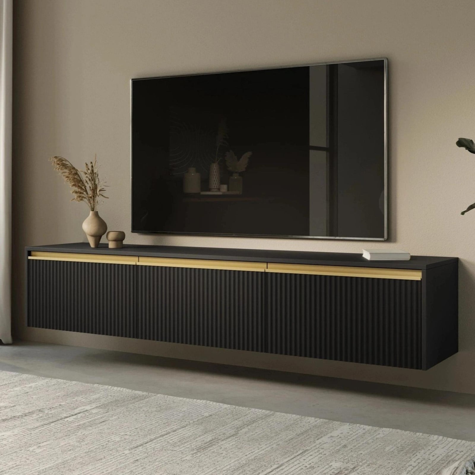 Ravio TV-meubel Loren, zwart, 182 cm, met ribbelstructuur, 3 deuren en gouden accenten