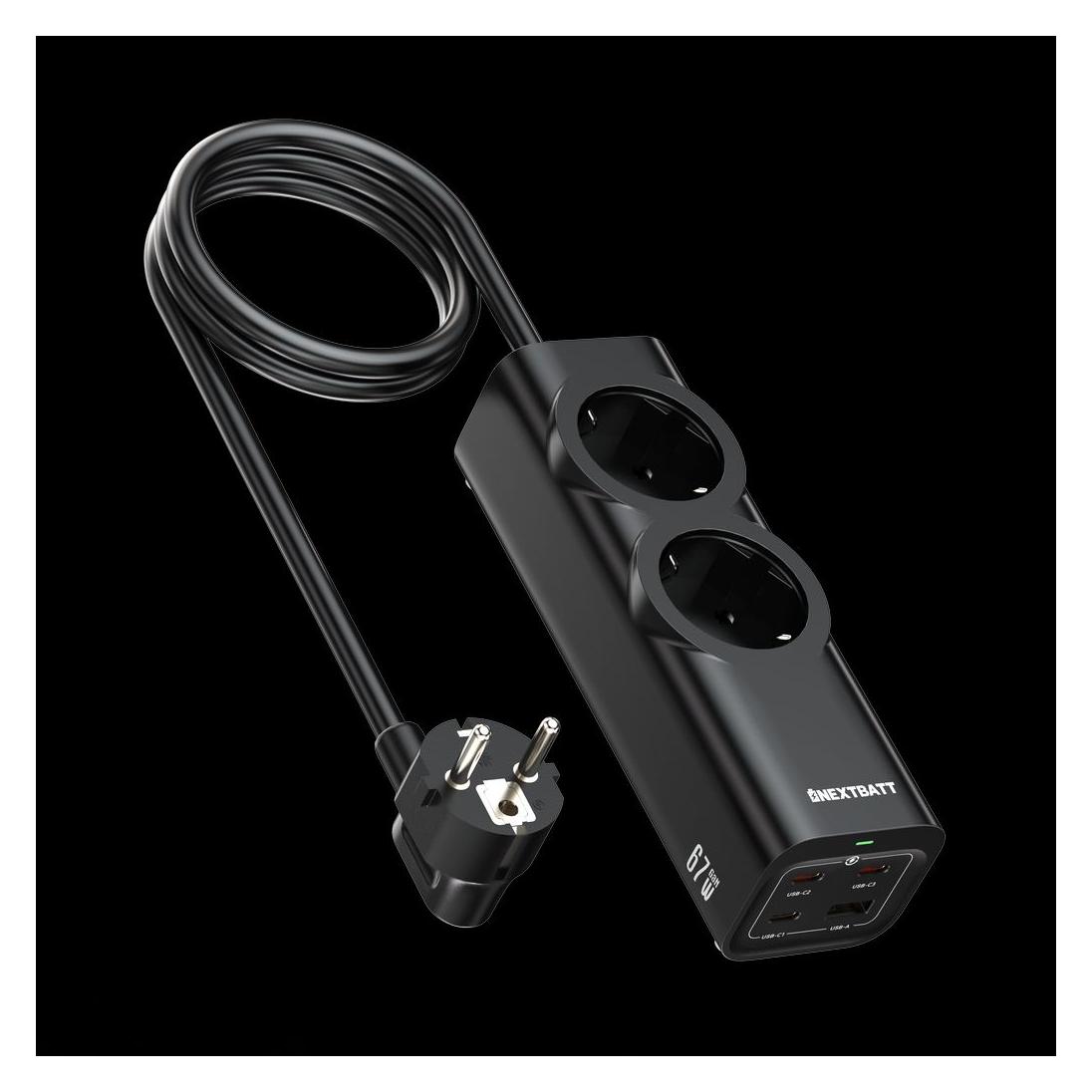 Nextbatt 67W Fast Charging Power Strip 2-way/ 3xUSB-C/1x USB-A, 2m - Black (67 W, 3 Ports) (NB-138CCCA)