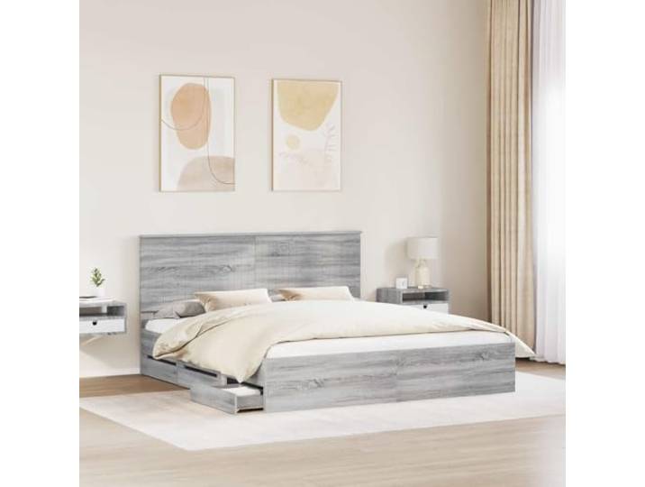 KTHLBRH Bettgestell grau Sonoma 180 x 200 cm Technisches Holz, selbsttragend, feste Latten, versteckte Schubladen, einfache Wartung
