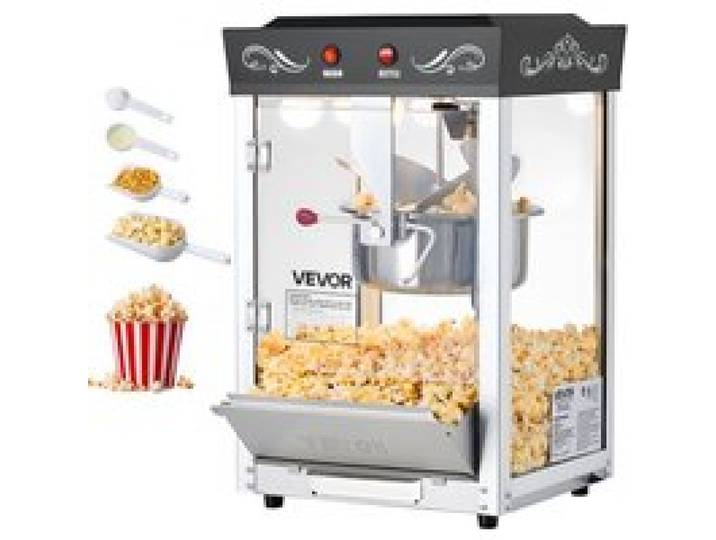 VEVOR Popcornmaschine mit Edelstahlkessel, 800 W kommerzieller Popcornmaker, 48 Tassen pro Ladung, Kinostil, mit 2-Tasten-Bedienung, Glaswand, PC-Tür, 1 Portionierer, 3 Löffel, Schwarz
