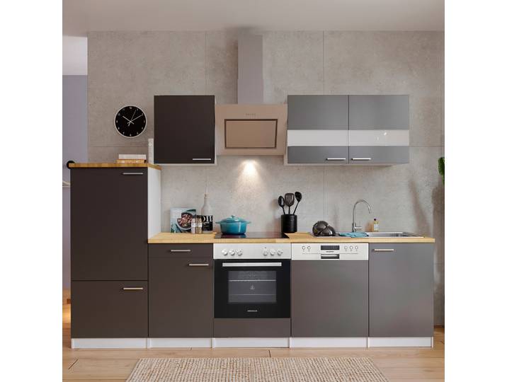 home24 Keukenblok Malia III schuine afzuigkap 280cm grijs/grijs/wit