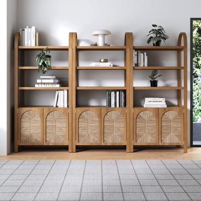 Nathan James Leah Arched Bookcase, 3-Tier Bookshelf with Storage Cabinet Base w/ Seagrass Door Fronts and Solid Wood Frame
