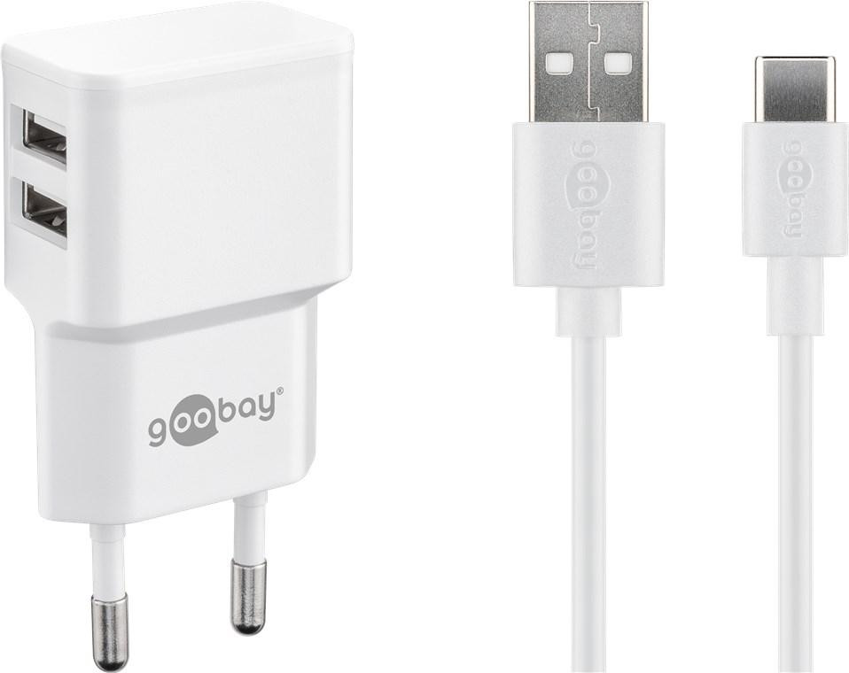 Goobay Dubbele USB-netadapter met 2 USB-uitgangen en USB-C oplaadkabel, 2,4 A, wit