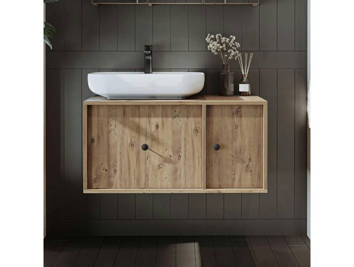 Meuble vasque mural 1 tiroir 1 porte RILL - Pin