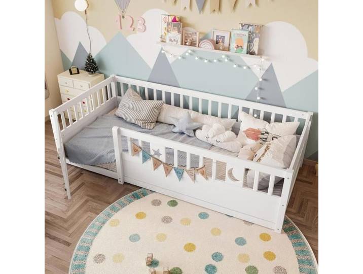 Lit enfant - KOMHTOM - 90x190 cm - Panneau sécurité avec verrou - Décor étoiles & lunes - Blanc